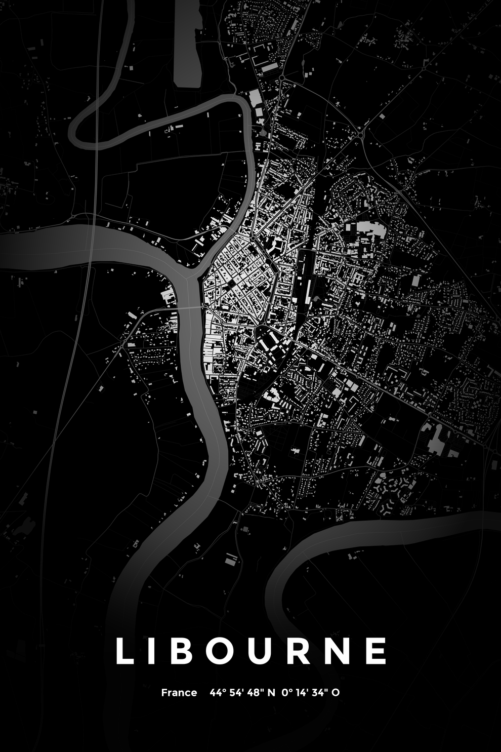 Carte de Libourne nuit - Affiche personnalisée