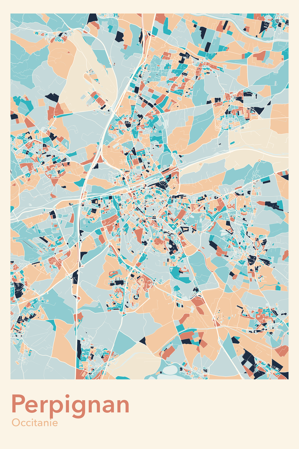 Plan de Perpignan coloré - Carte personnalisée