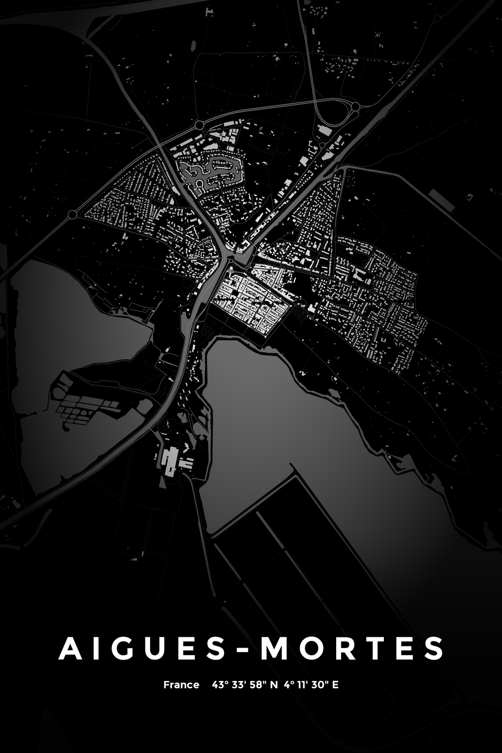 Carte d'Aigues-Mortes nuit - Affiche personnalisée