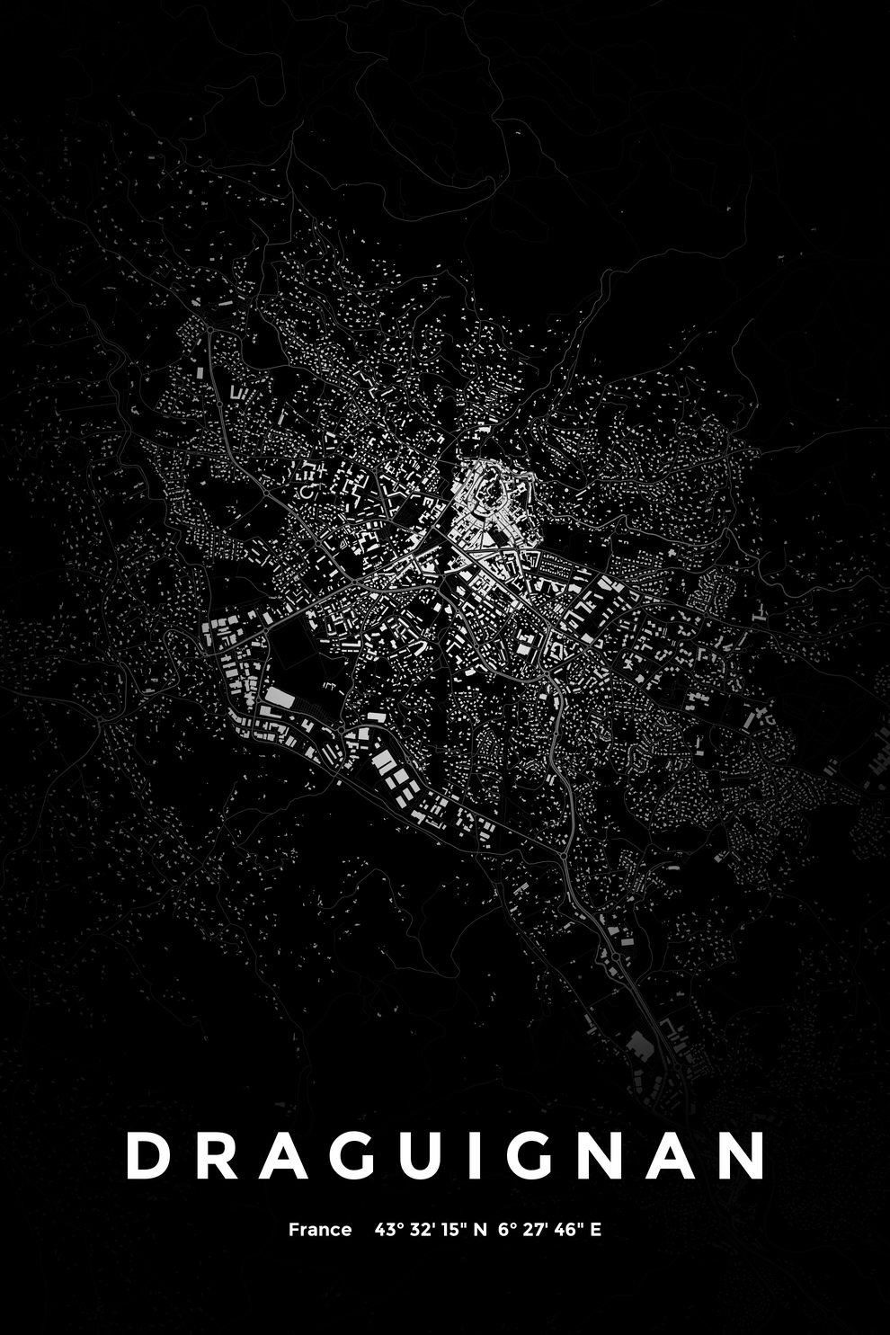 Carte de Draguignan nuit - Affiche personnalisée
