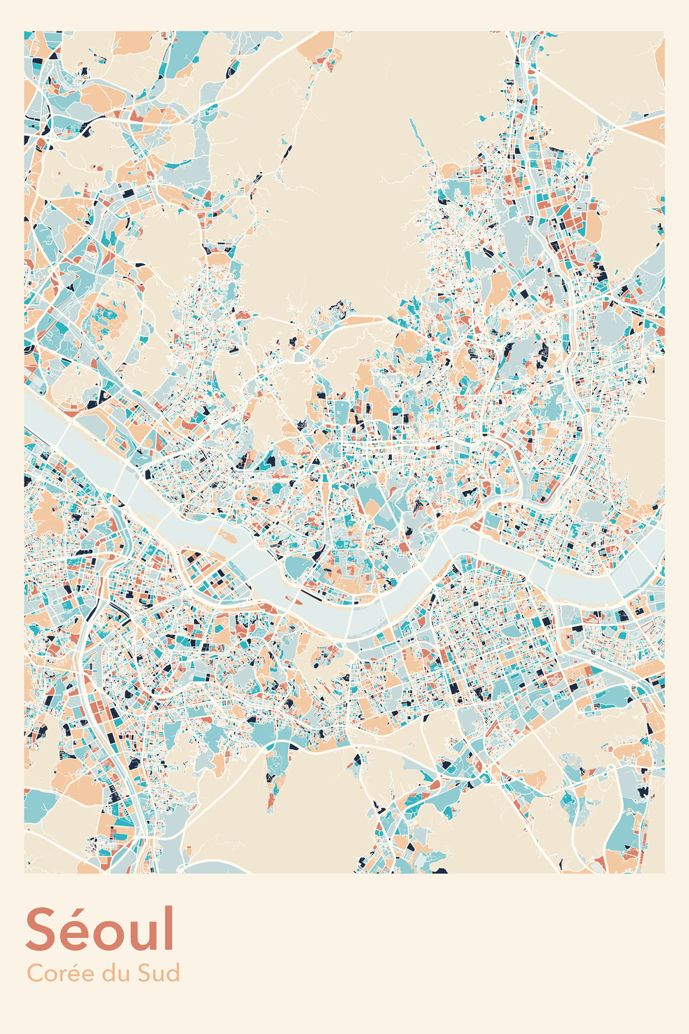 Plan de Séoul coloré - Carte personnalisée