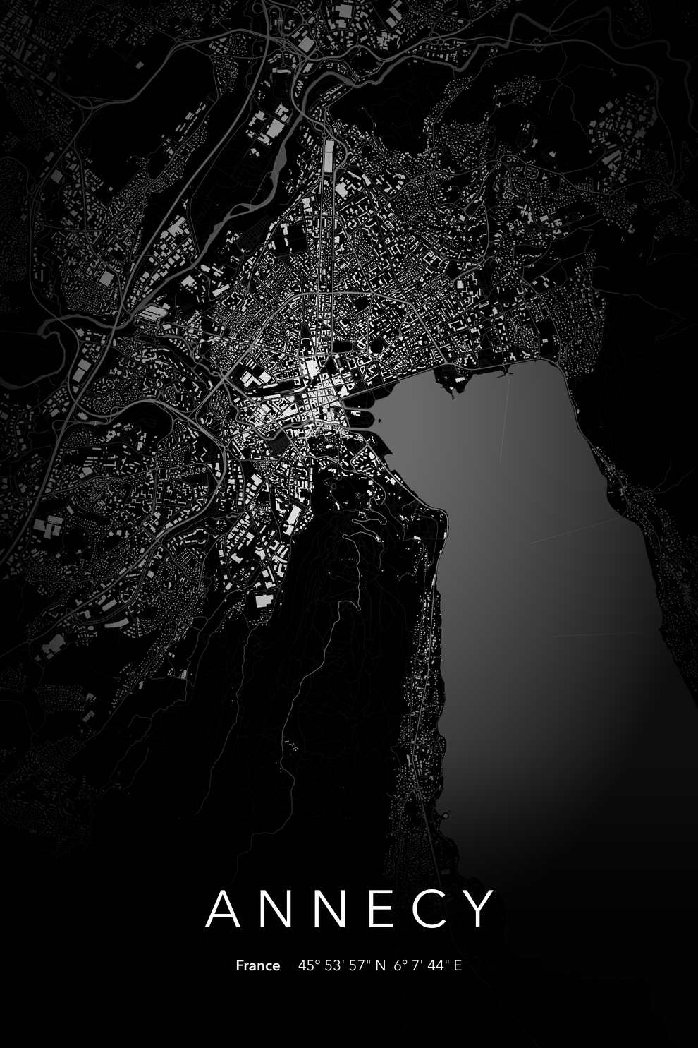 Carte d'Annecy nuit - Affiche personnalisée