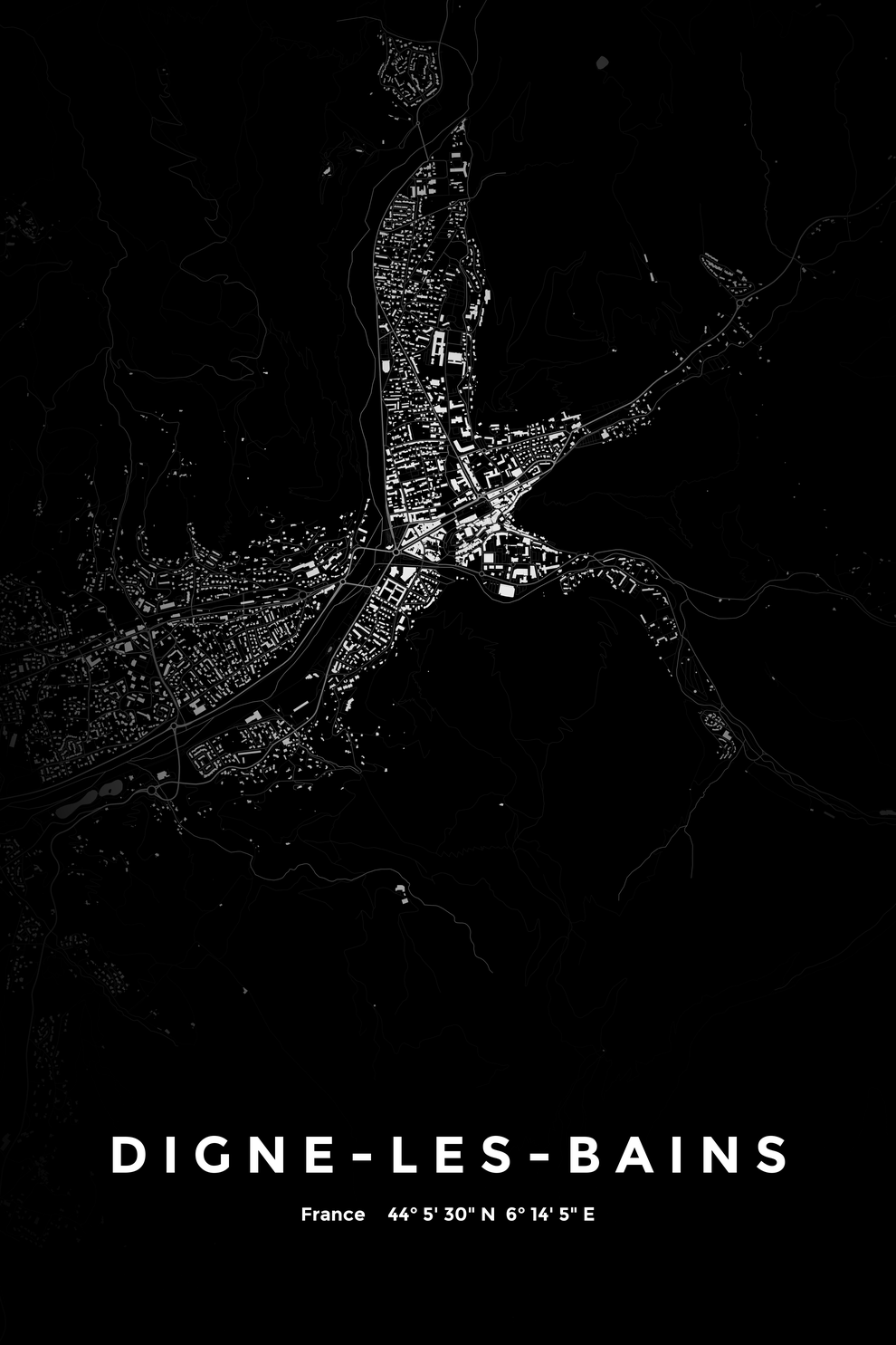 Carte de Digne-les-Bains nuit - Affiche personnalisée
