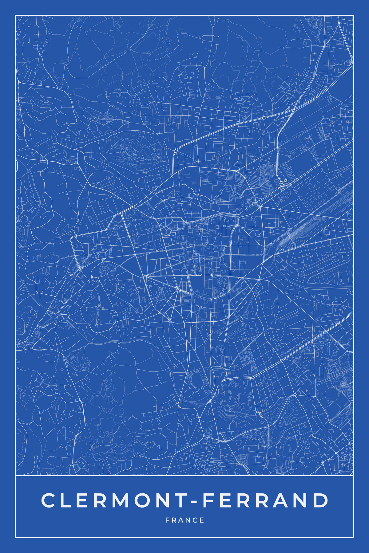Carte de Clermont-Ferrand bleue - Affiche personnalisée