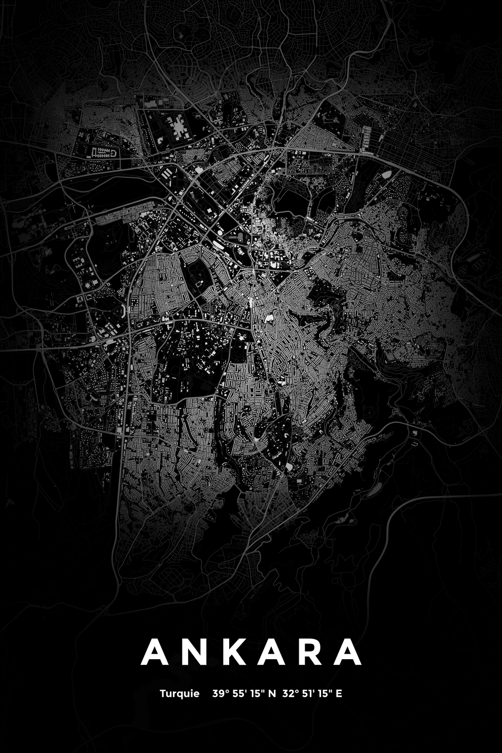 Carte d'Ankara nuit - Affiche personnalisée