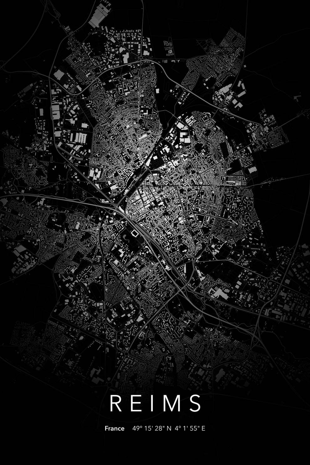 Carte de Reims nuit - Affiche personnalisée