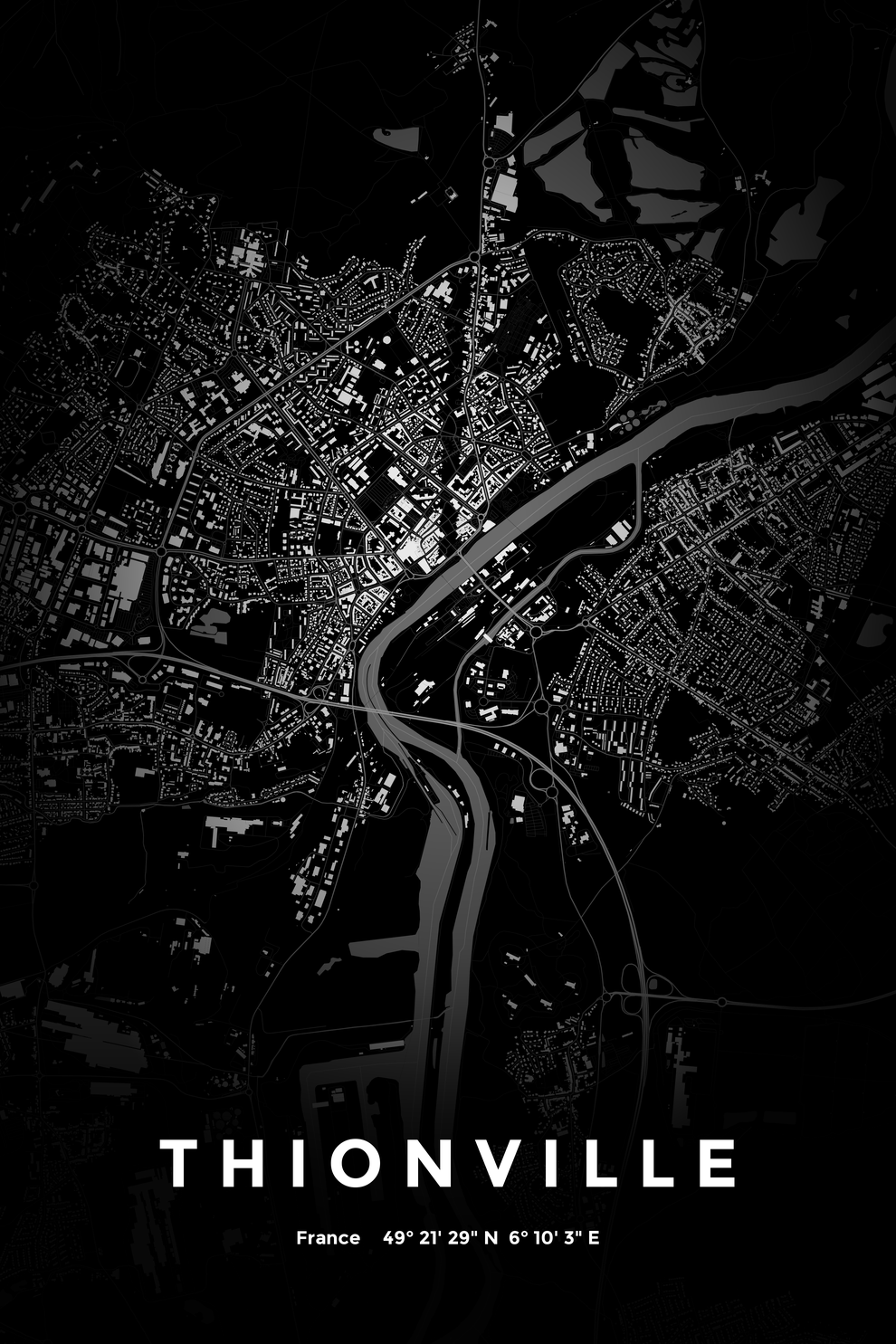 Carte de Thionville nuit - Affiche personnalisée