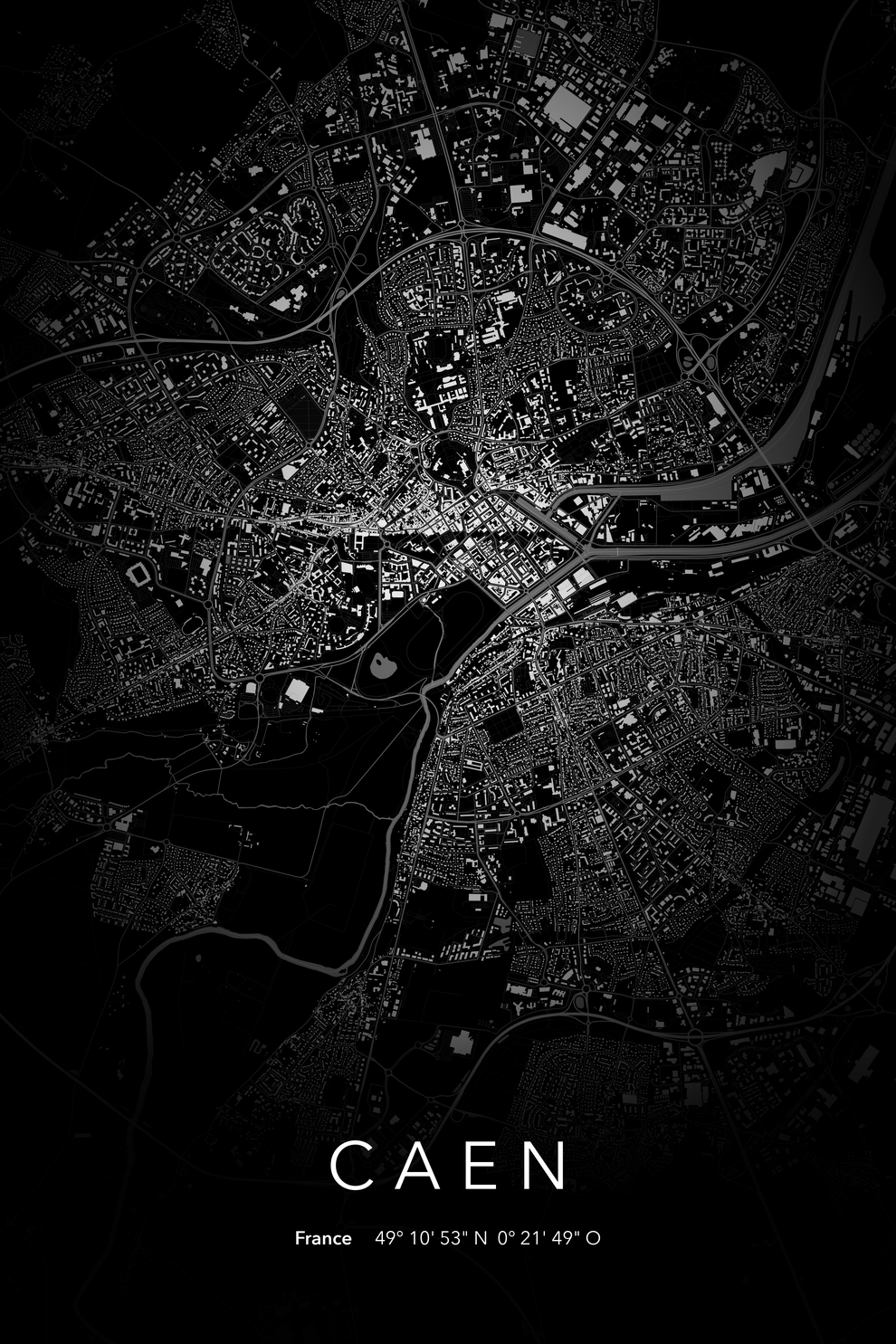 Carte de Caen nuit - Affiche personnalisée