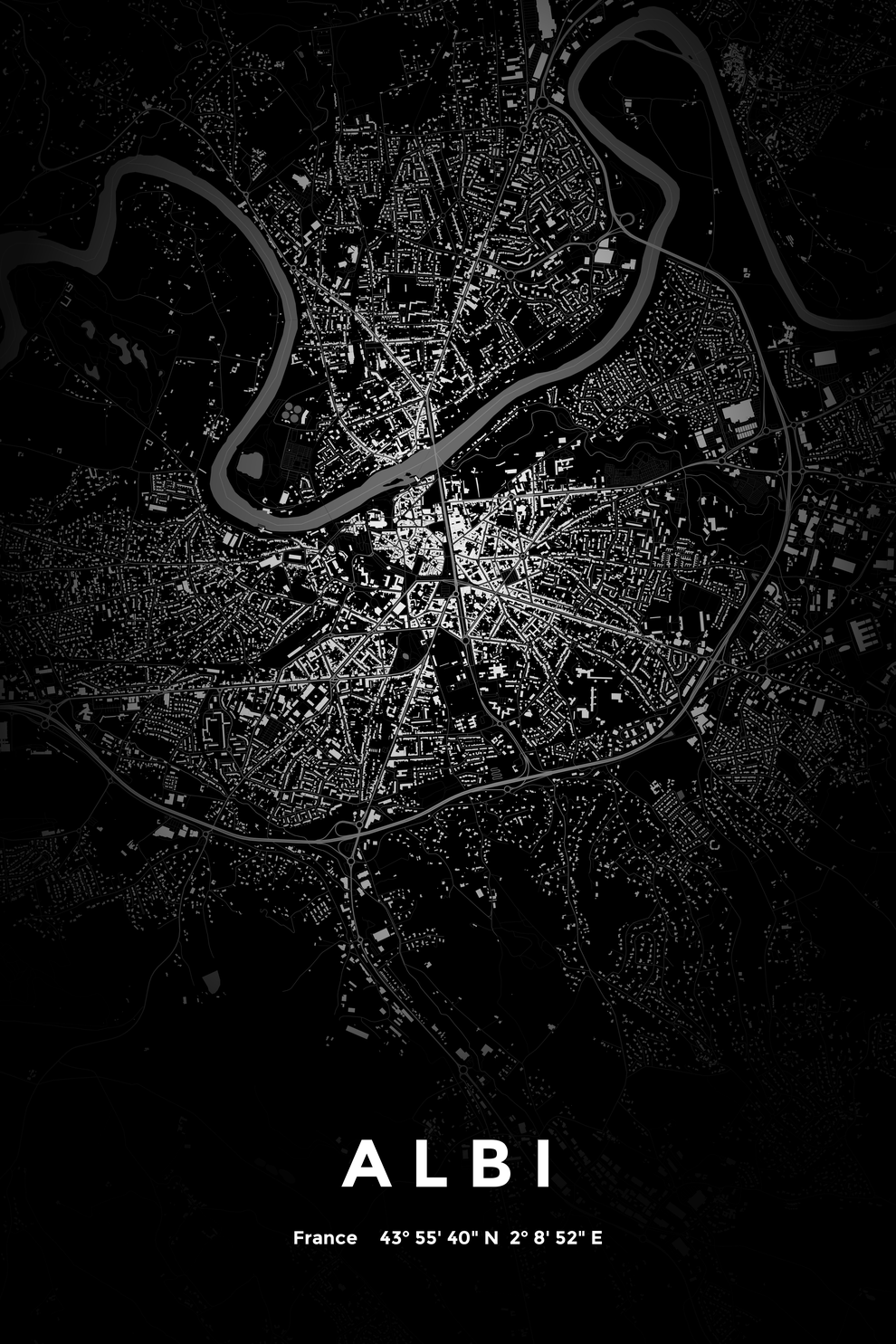 Carte d'Albi nuit - Affiche personnalisée