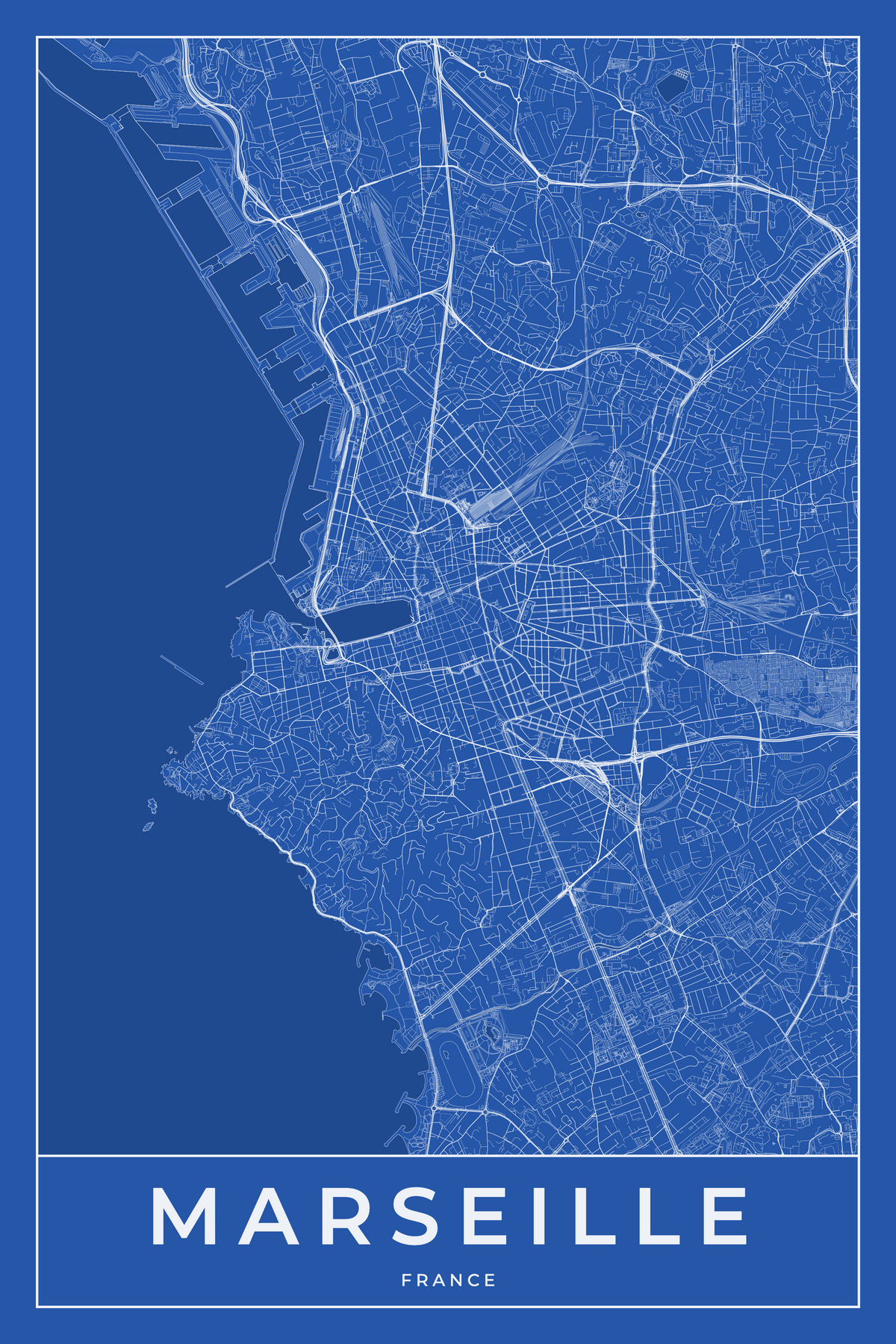 Carte de Marseille bleue - Affiche personnalisée