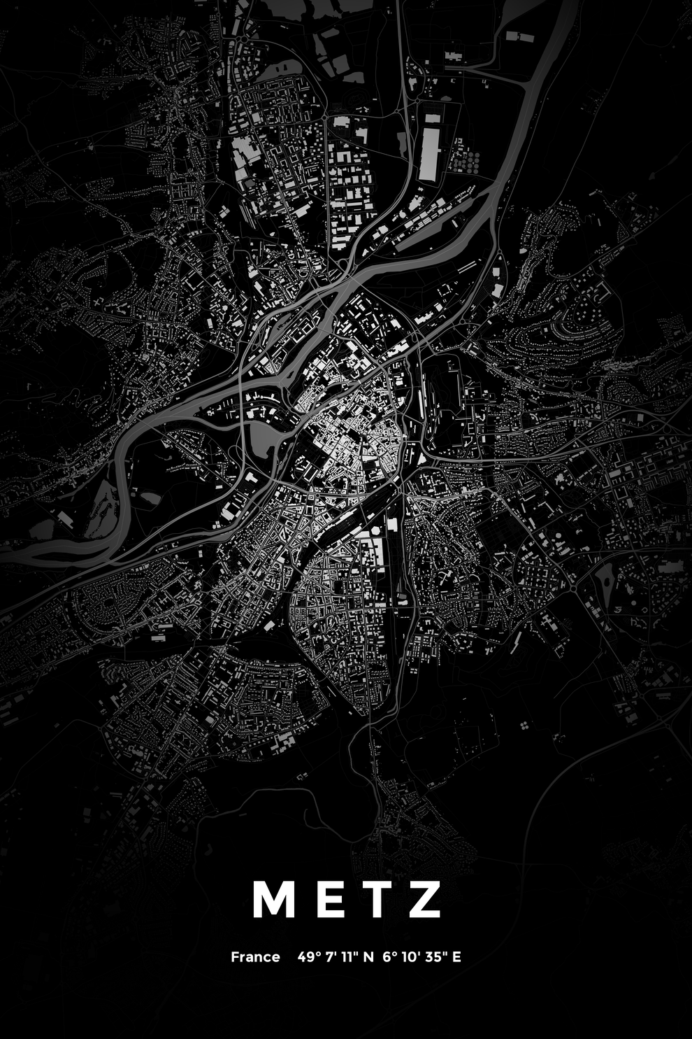 Carte de Metz nuit - Affiche personnalisée