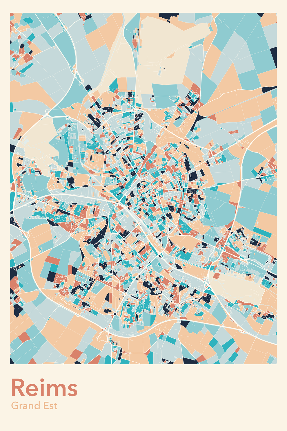 Plan de Reims coloré - Carte personnalisée