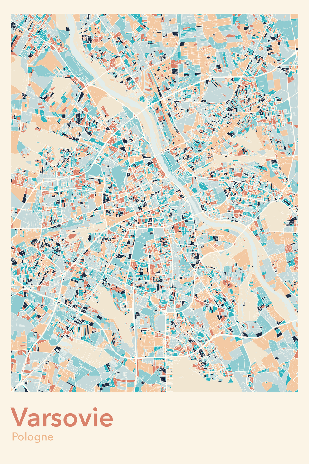 Plan de Varsovie coloré - Carte personnalisée