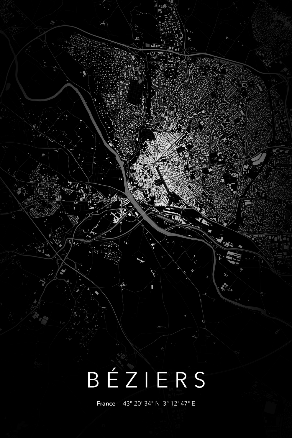 Carte de Béziers nuit - Affiche personnalisée