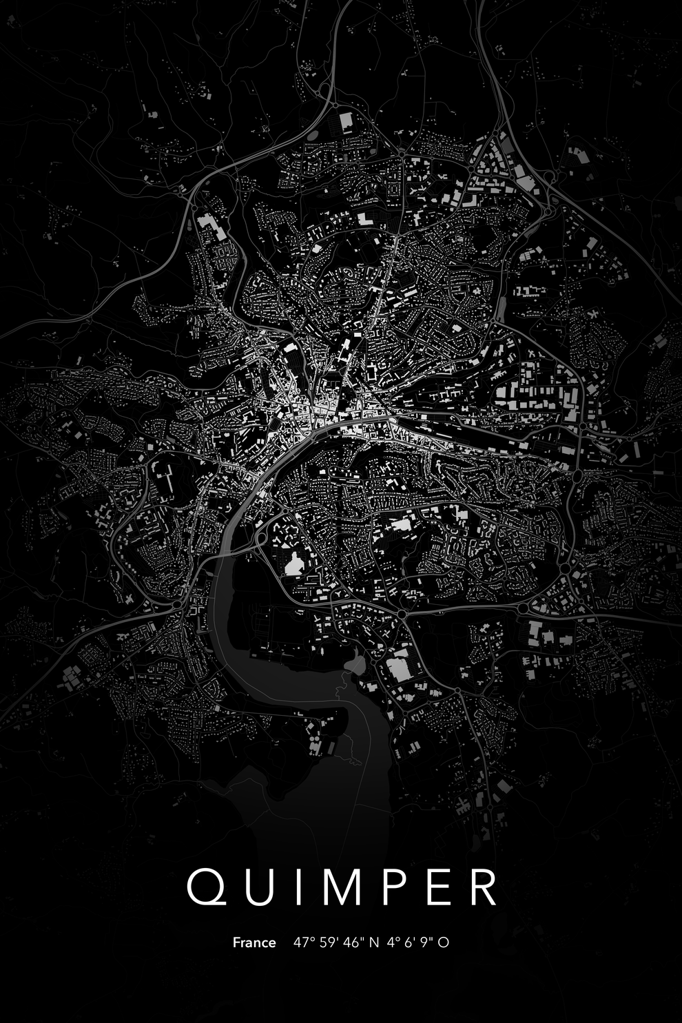 Carte de Quimper nuit - Affiche personnalisée