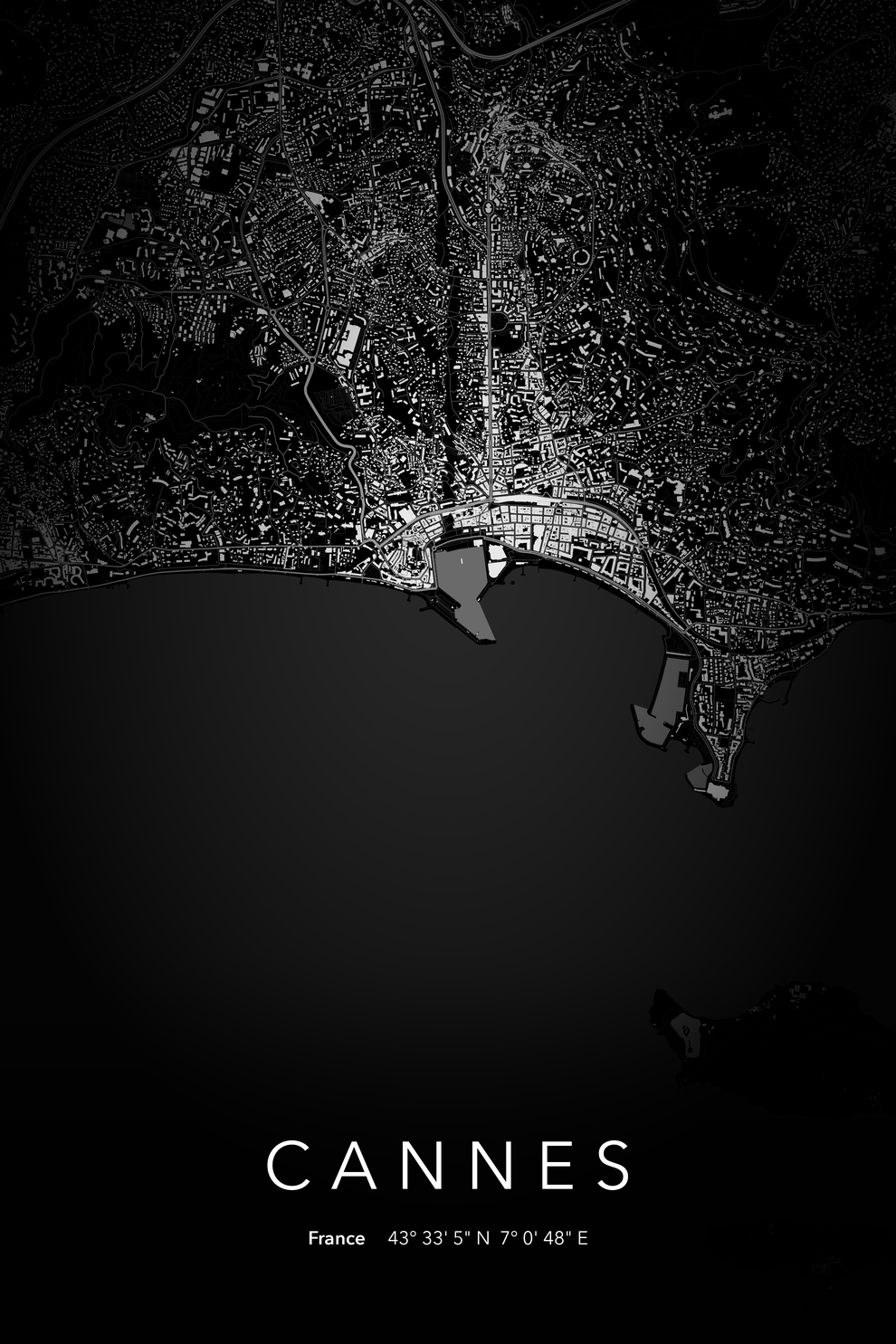 Carte de Cannes nuit - Affiche personnalisée