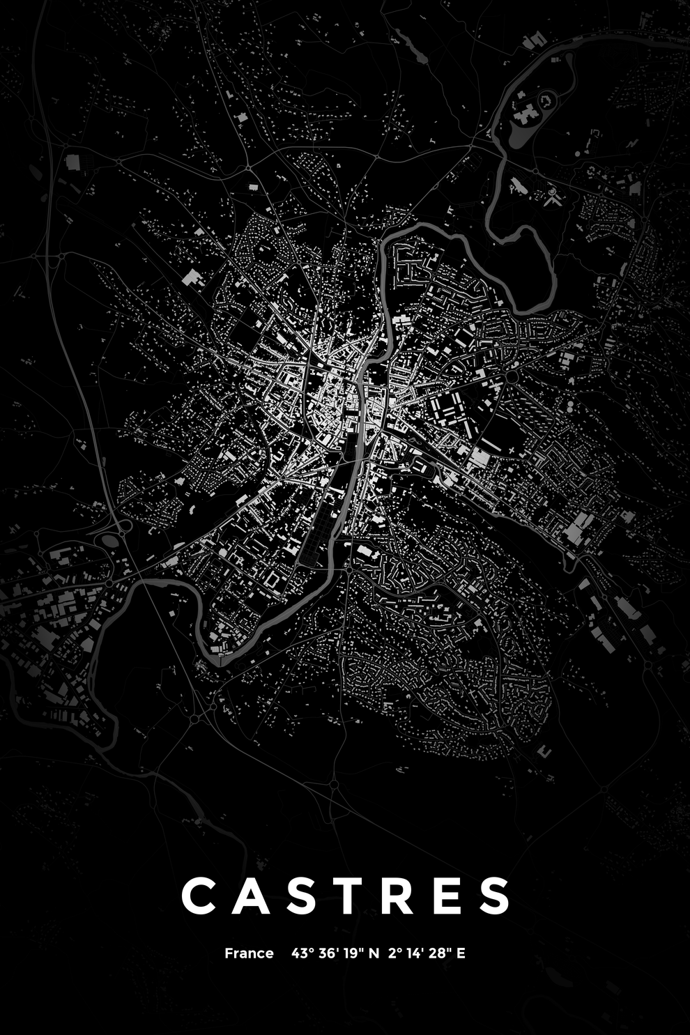 Carte de Castres nuit - Affiche personnalisée