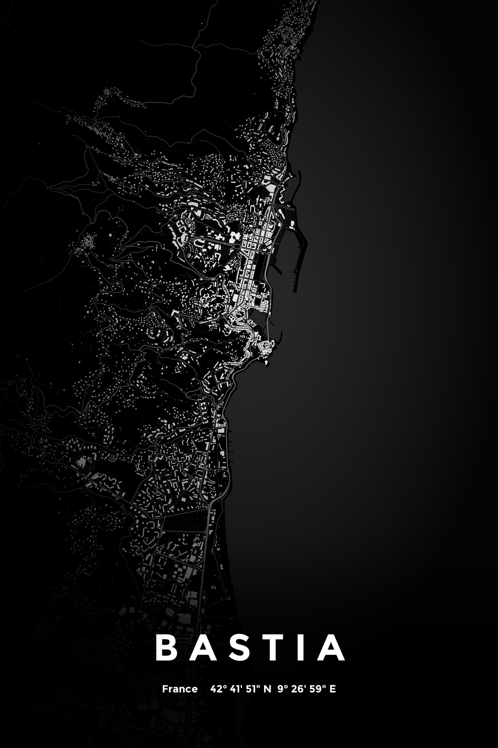 Carte de Bastia nuit - Affiche personnalisée