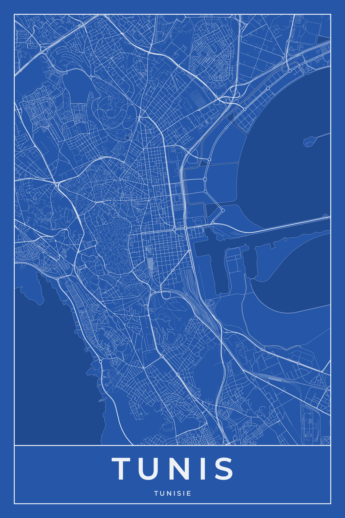 Carte de Tunis bleue - Affiche personnalisée