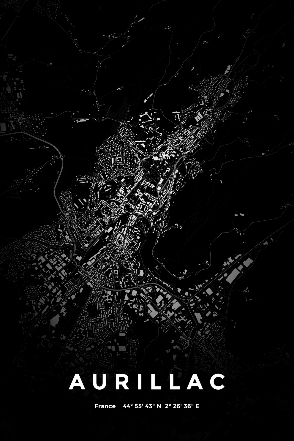 Carte d'Aurillac nuit - Affiche personnalisée