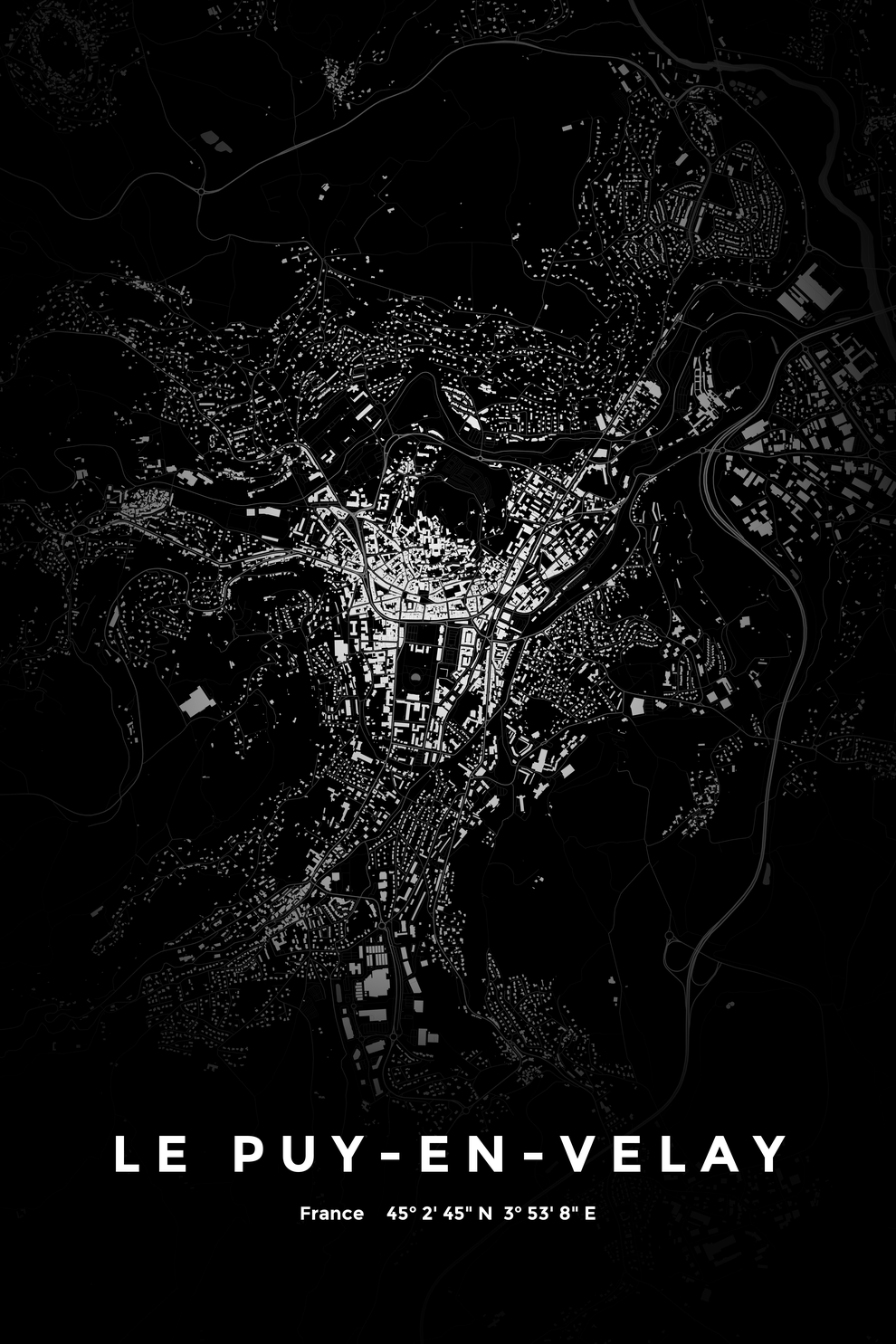 Carte du Puy-en-Velay nuit - Affiche personnalisée