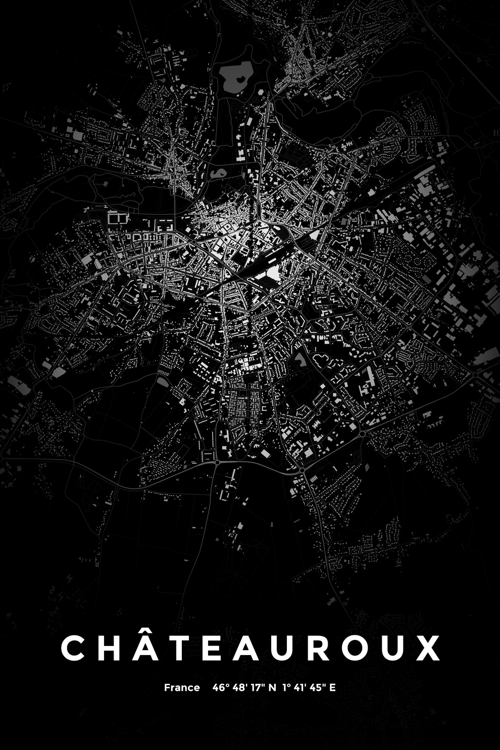 Carte de Châteauroux nuit - Affiche personnalisée