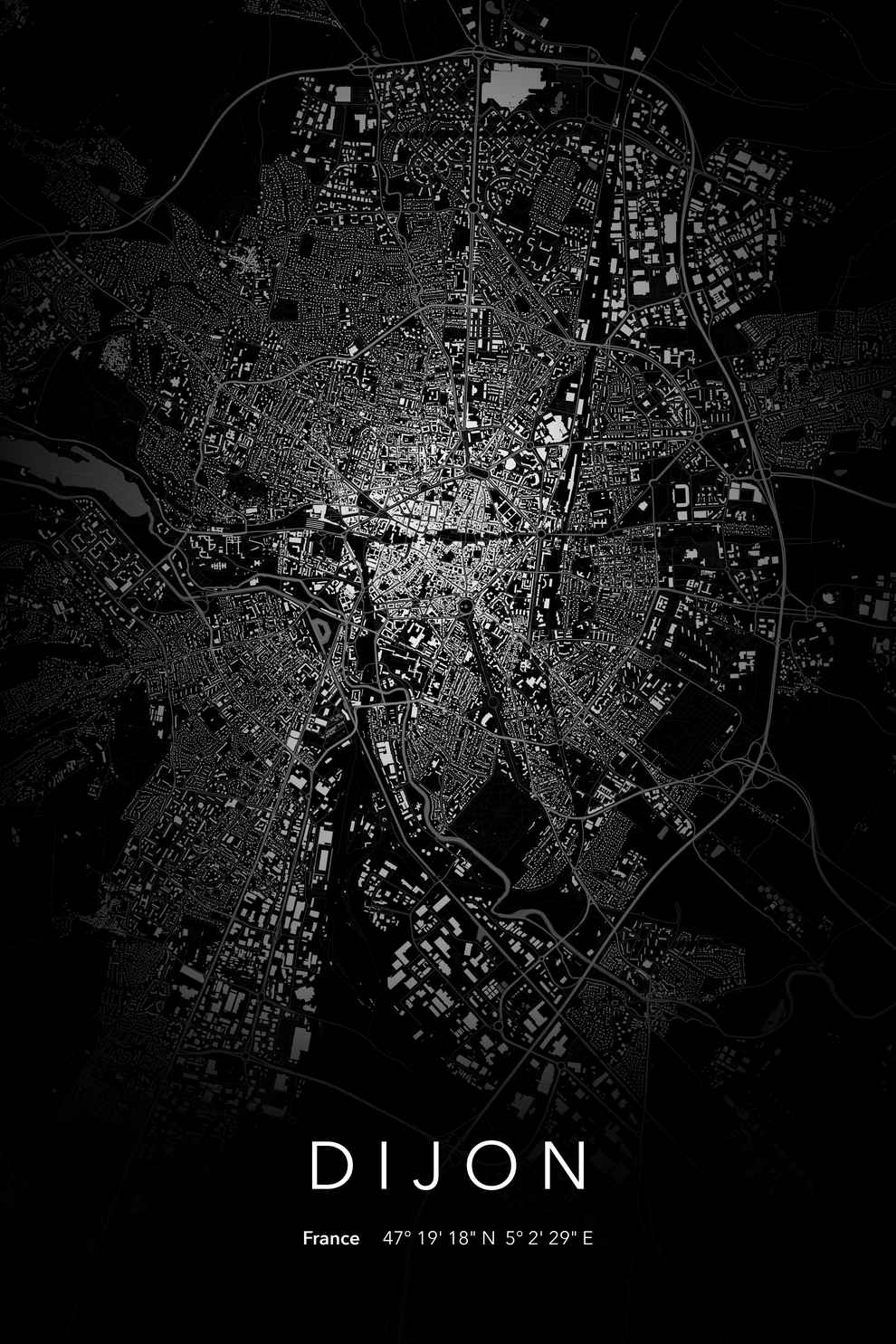 Carte de Dijon nuit - Affiche personnalisée