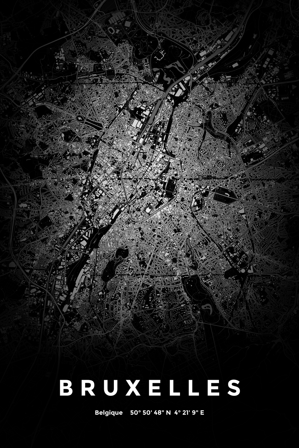 Carte de Bruxelles nuit - Affiche personnalisée