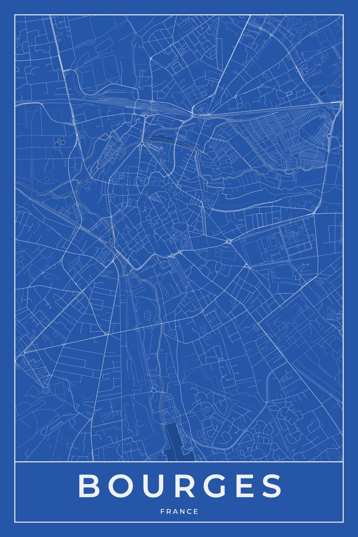 Carte de Bourges bleue - Affiche personnalisée