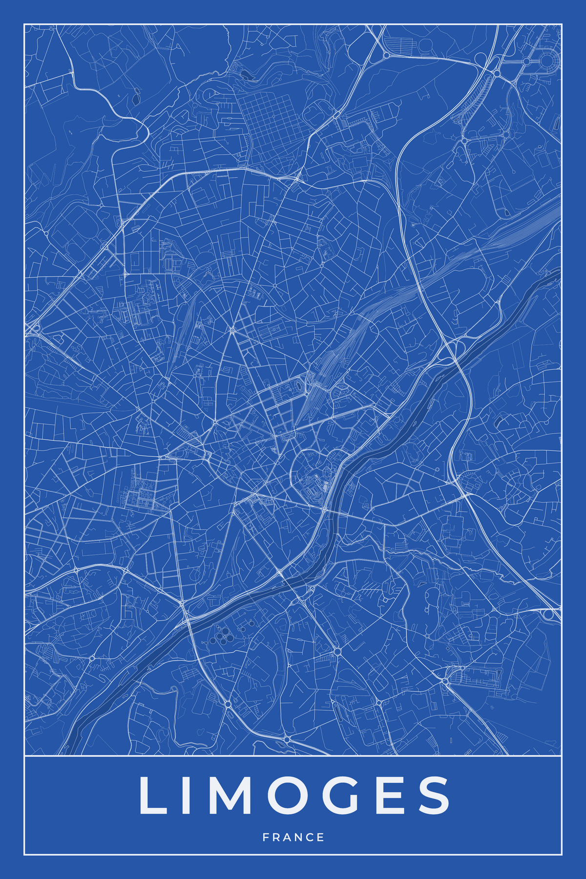 Carte de Limoges bleue - Affiche personnalisée