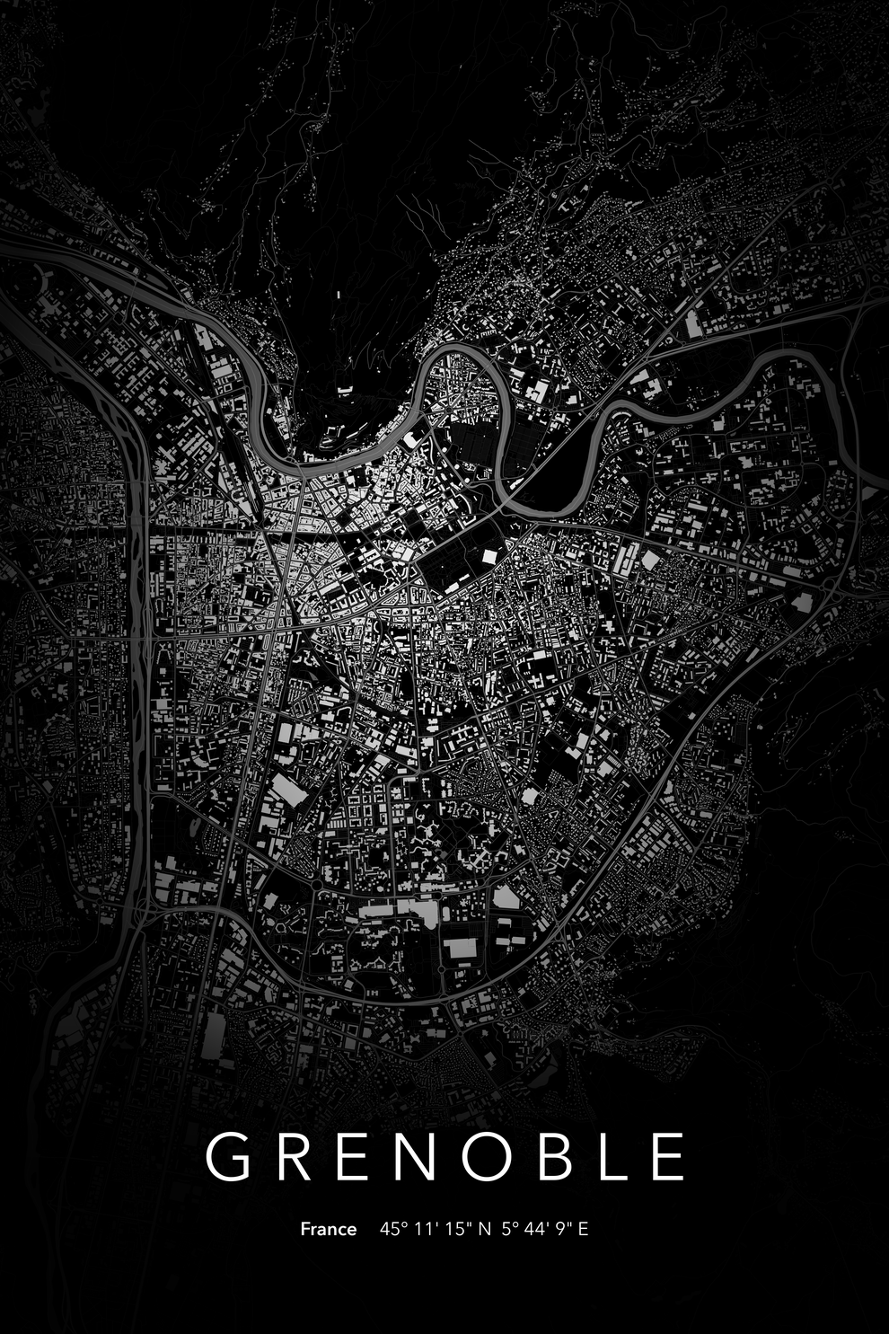 Carte de Grenoble nuit - Affiche personnalisée