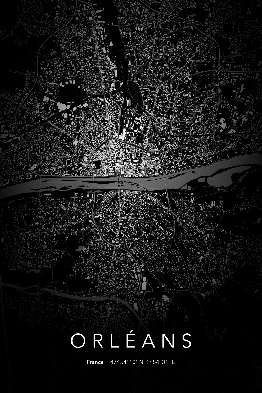 Carte d'Orléans nuit - Affiche personnalisée