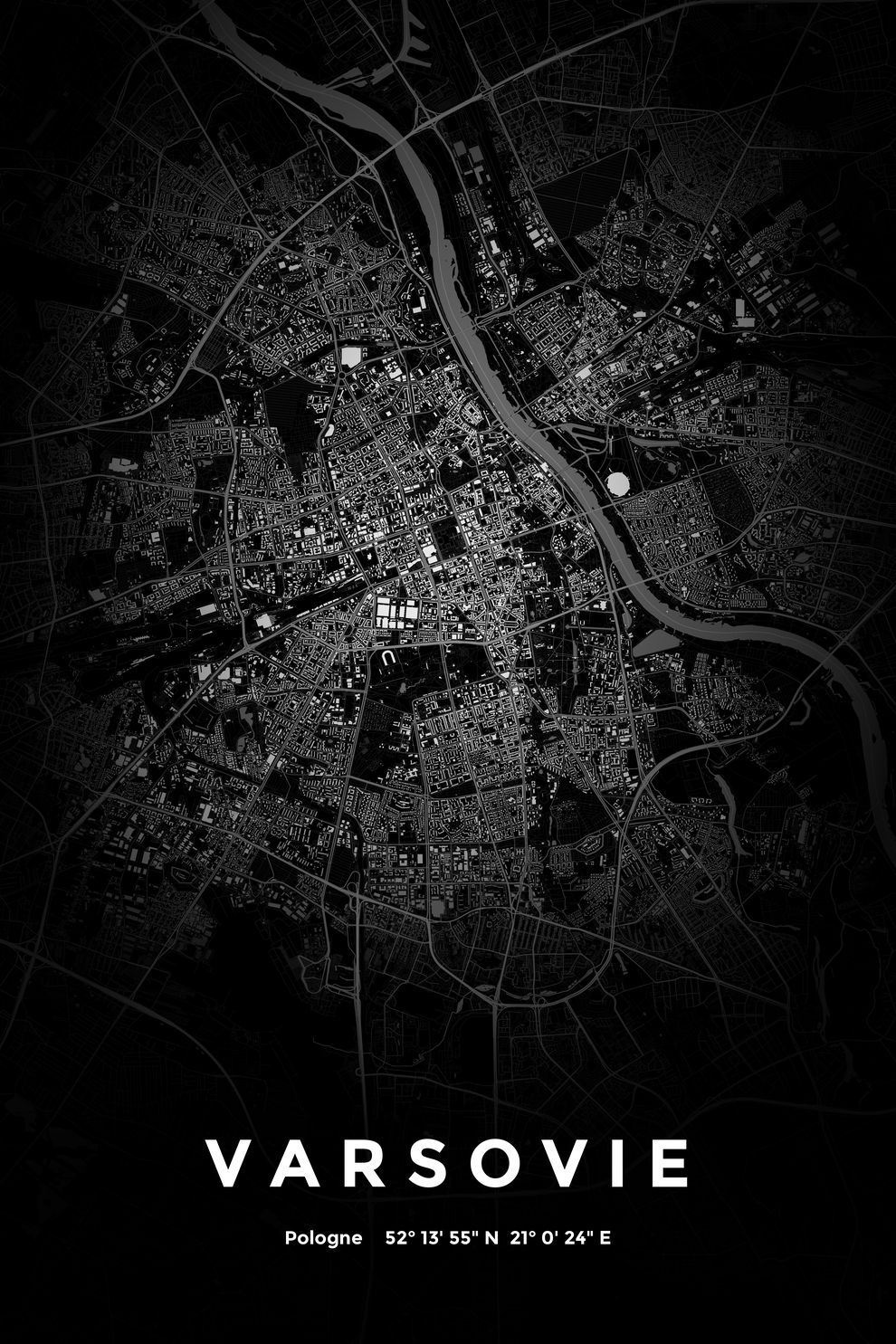 Carte de Varsovie nuit - Affiche personnalisée
