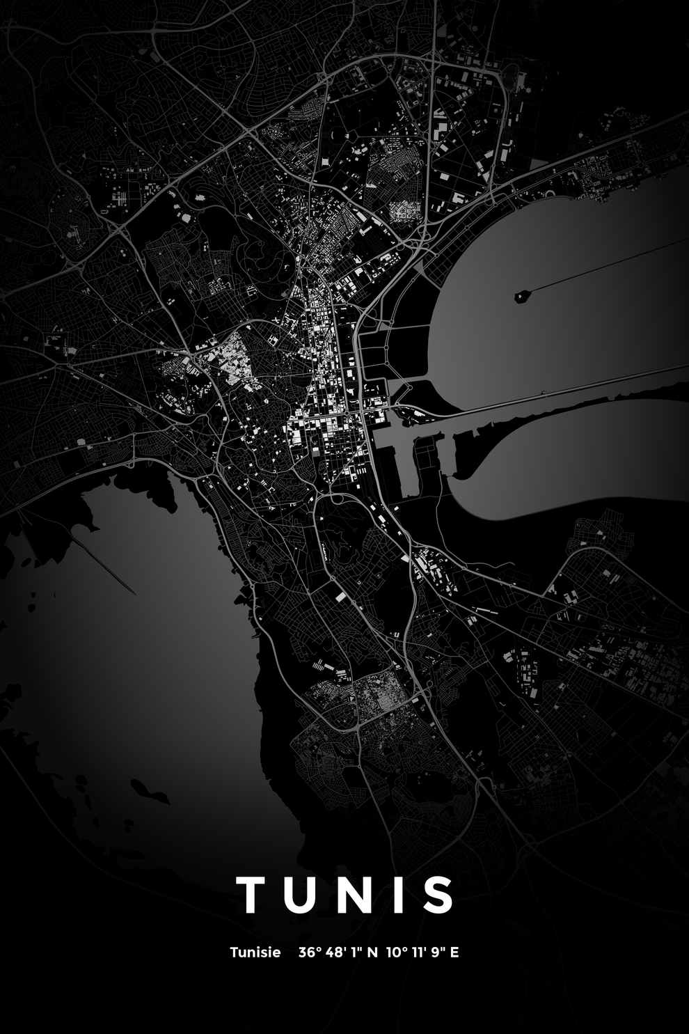 Carte de Tunis nuit - Affiche personnalisée