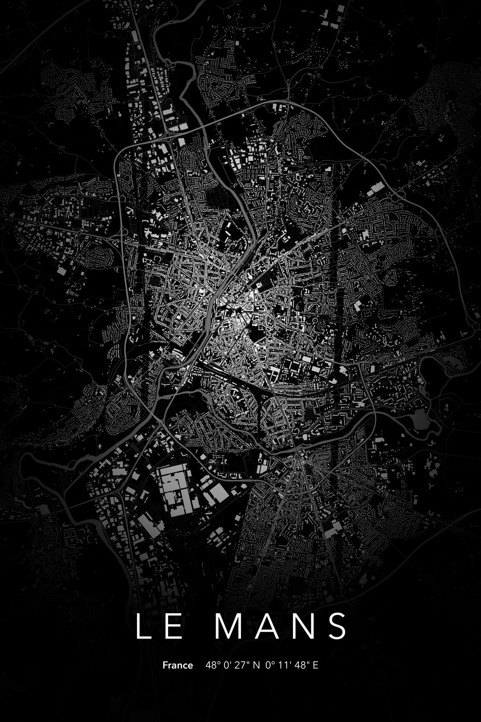 Carte du Mans nuit - Affiche personnalisée