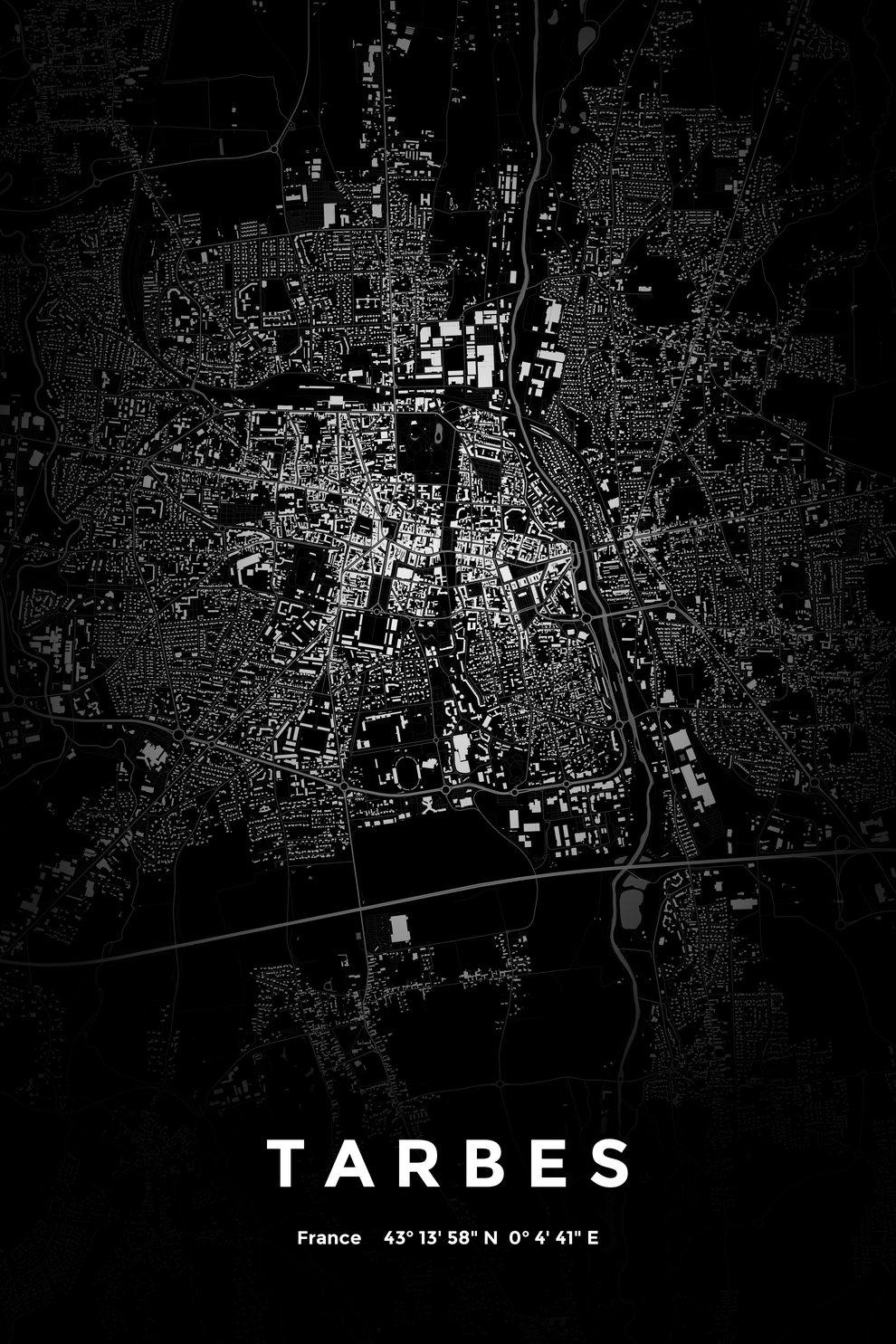 Carte de Tarbes nuit - Affiche personnalisée
