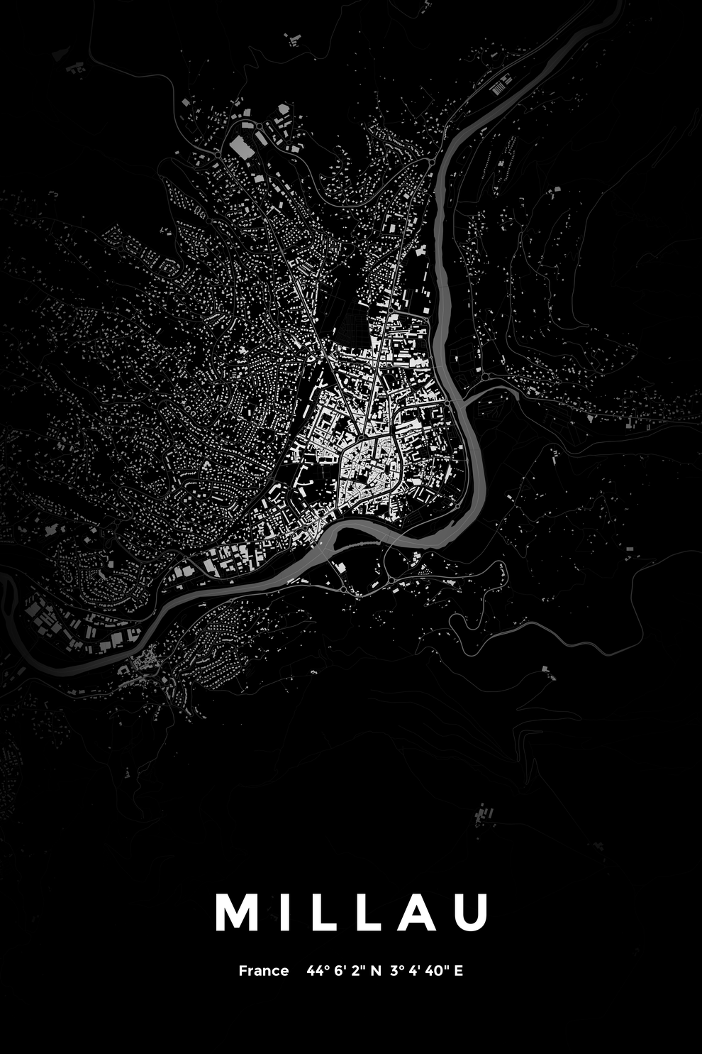 Carte de Millau nuit - Affiche personnalisée