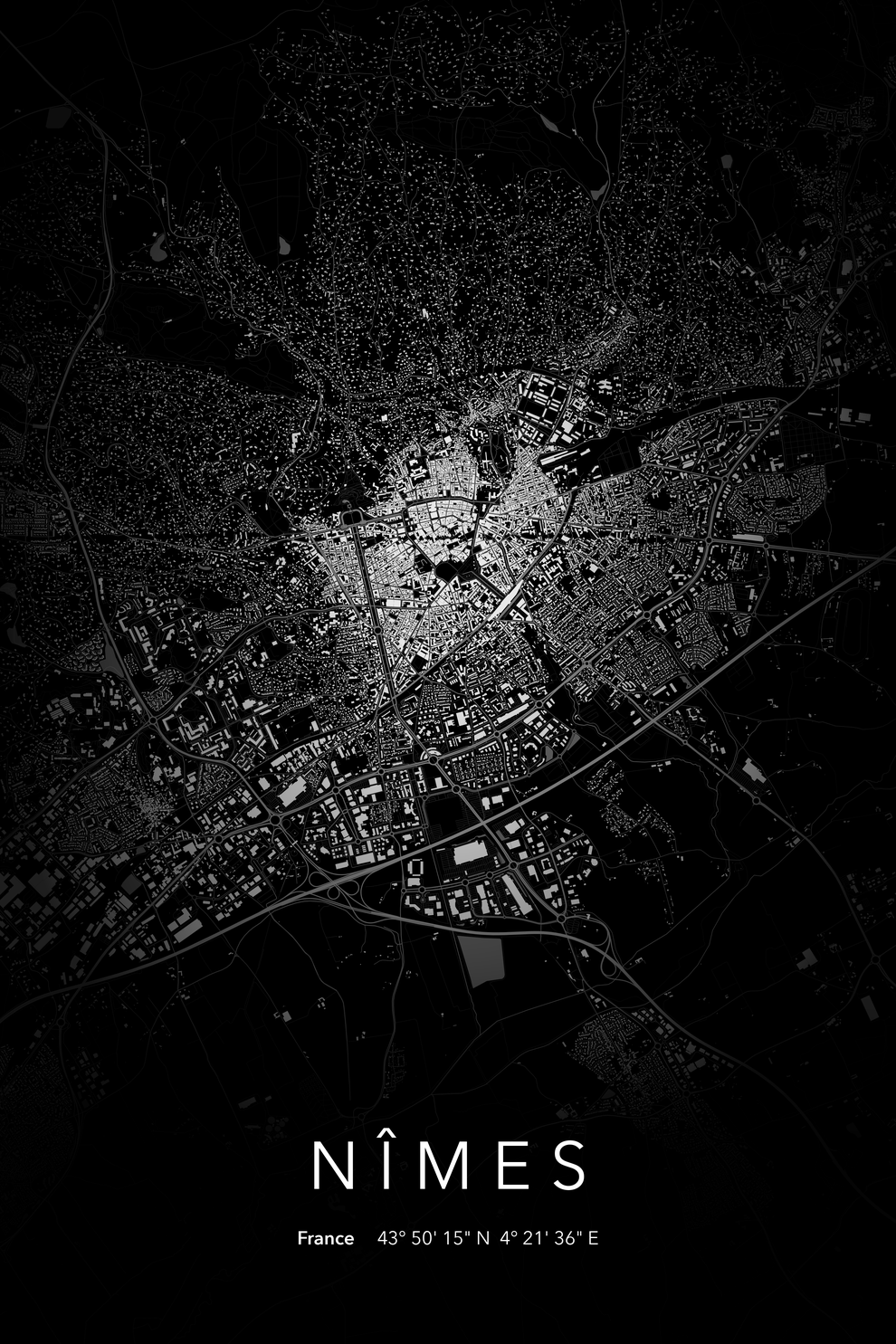 Carte de Nîmes nuit - Affiche personnalisée