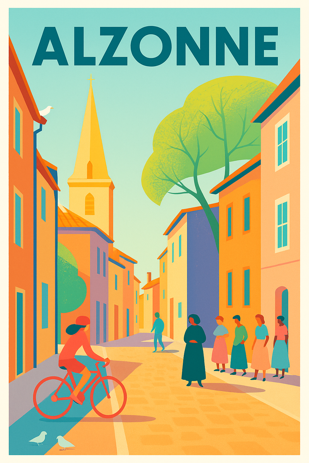 Affiche de Alzonne - Vibrante scène de village ensoleillé