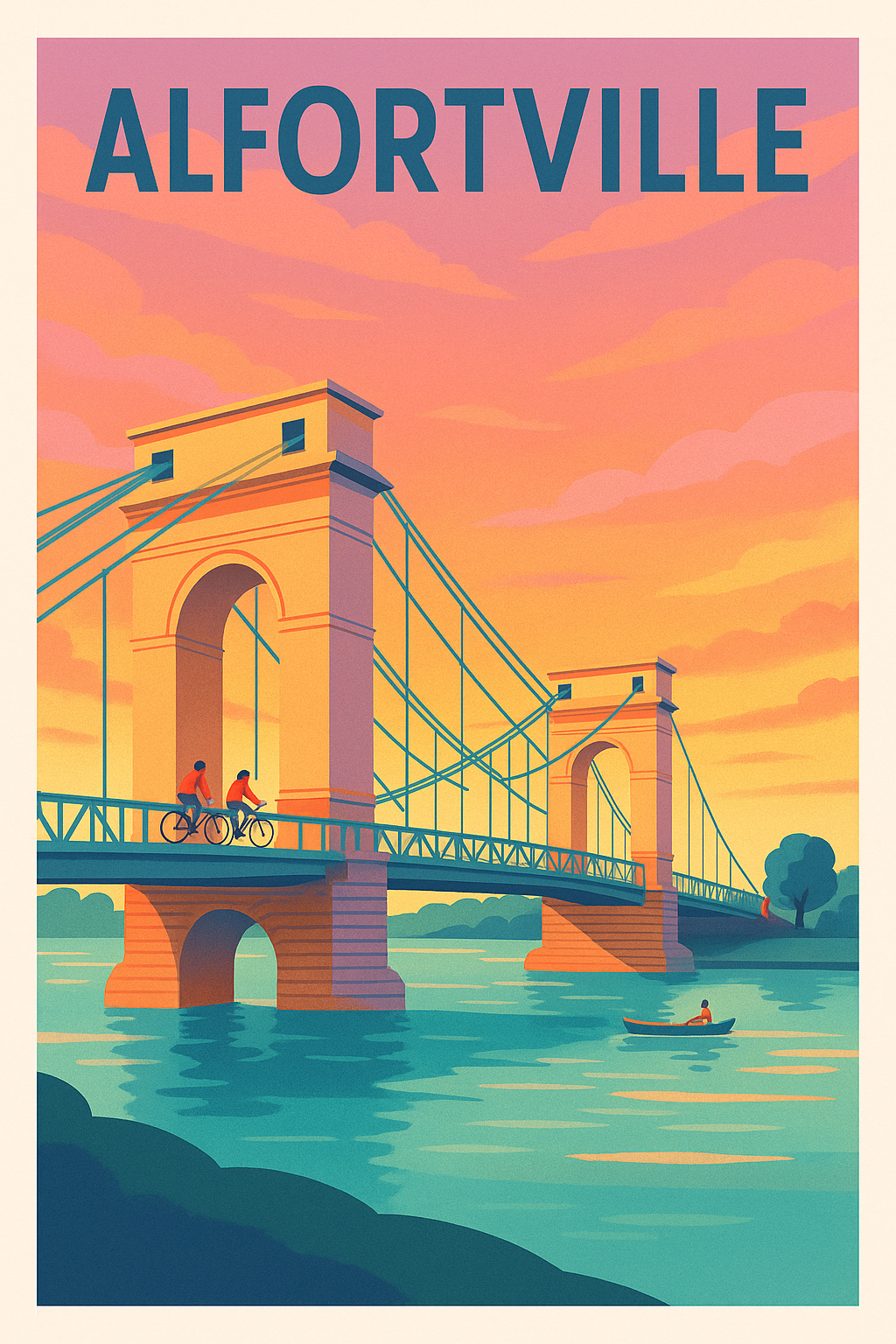 Affiche Alfortville — L'élégance du pont suspendu au crépuscule · poster d'art de Alfortville