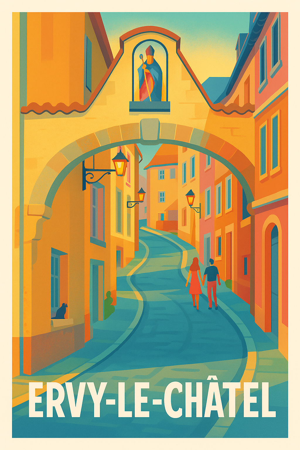 Affiche Ervy-le-Châtel — Promenade romantique sous l'arche historique · poster d'art de Ervy-le-Châtel