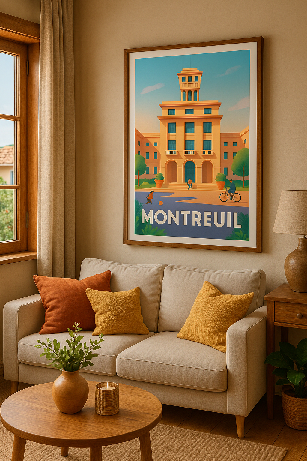 Mise en situation Affiche Montreuil - Architecture et vie urbaine ensoleillée