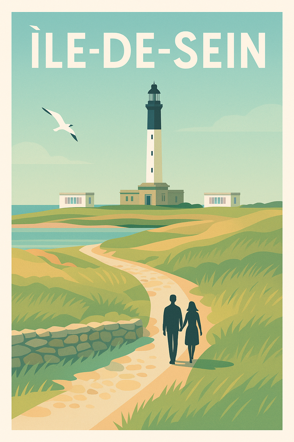 Affiche Île-de-Sein — Promenade romantique au phare emblématique · poster d'art de Île-de-Sein