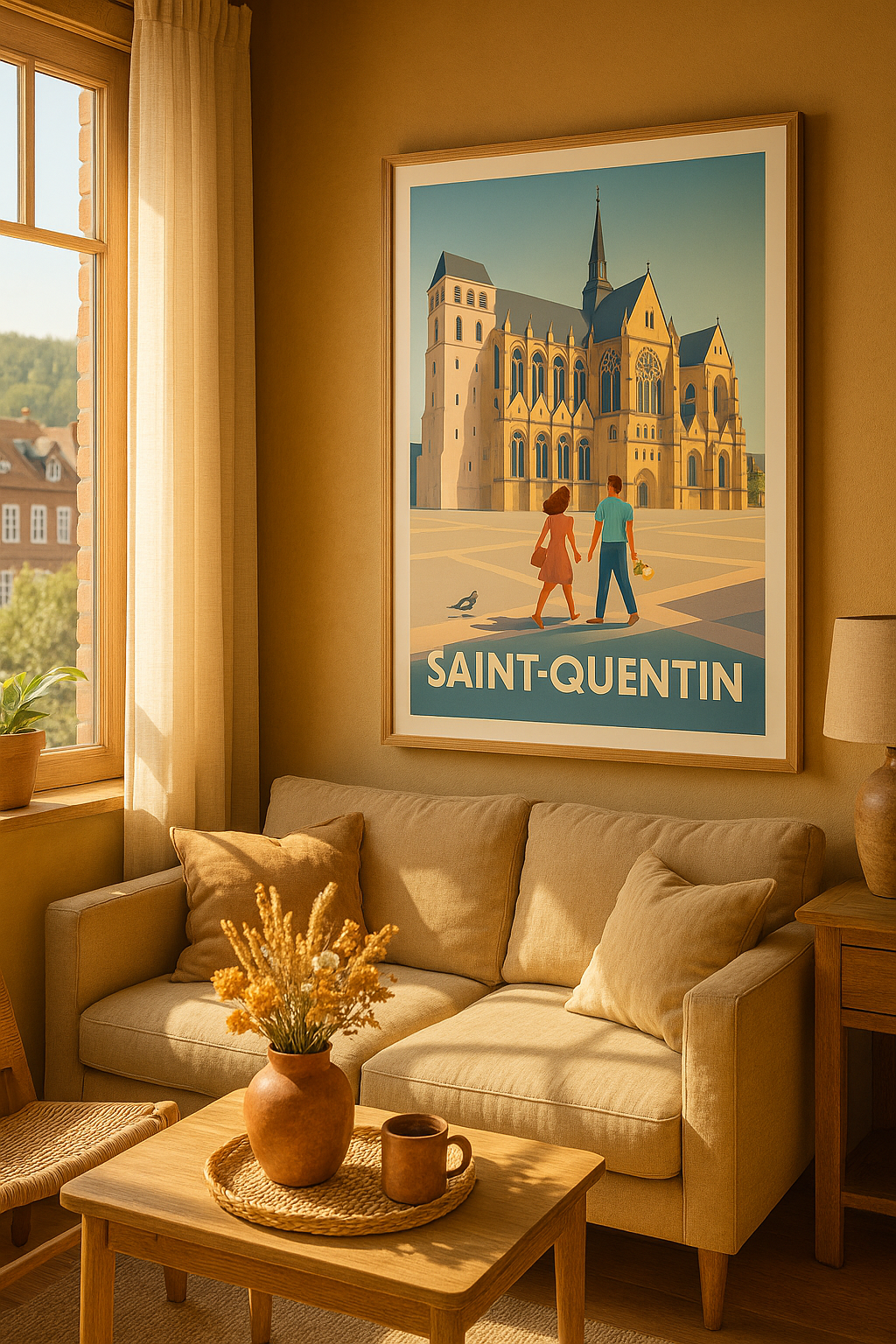Affiche Saint-Quentin — Promenade romantique devant la Basilique · poster d'art de Saint-Quentin