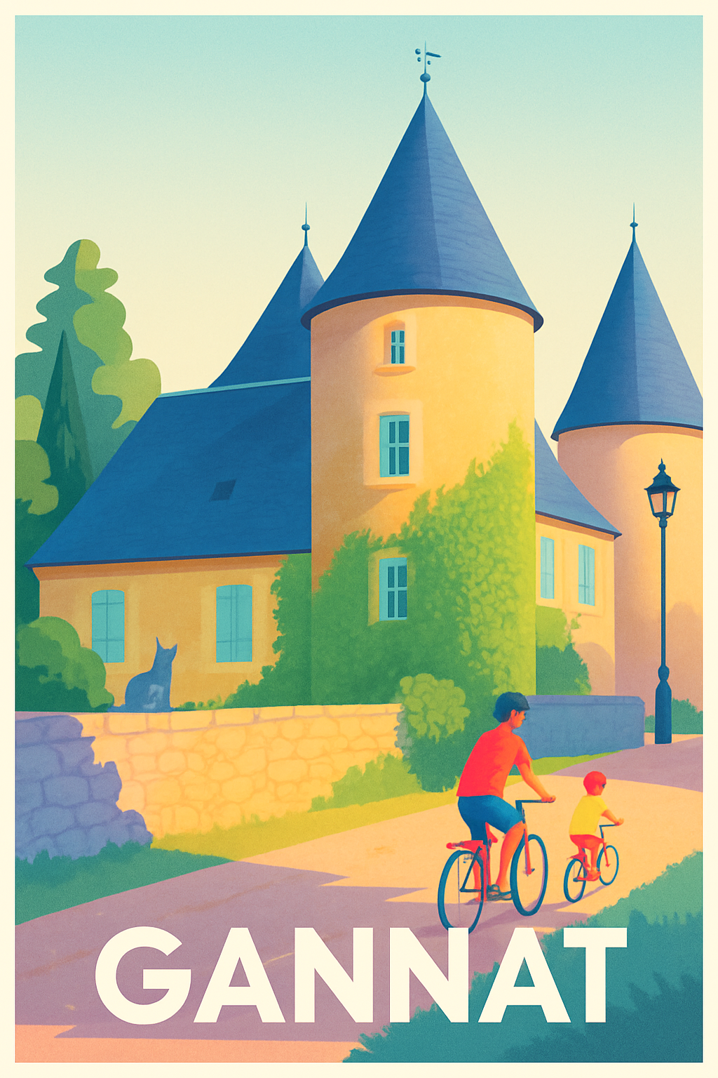 Allier France Pas de Cadre / 20 × 30cm Affiche de Gannat - Le charme paisible des ruelles à vélo