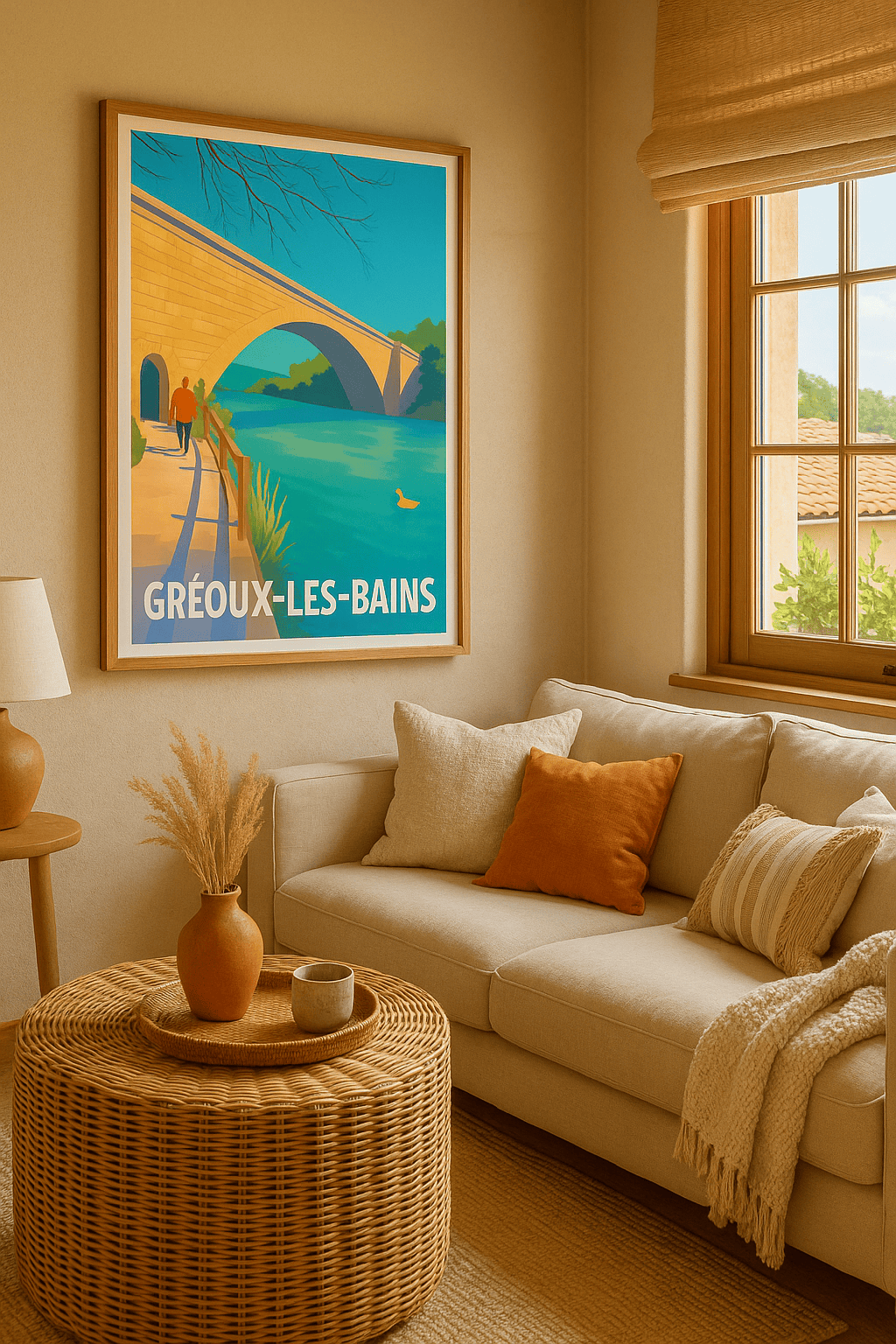 Affiche Gréoux-les-Bains — Escapade paisible au bord de l'eau · poster d'art de Gréoux-les-Bains