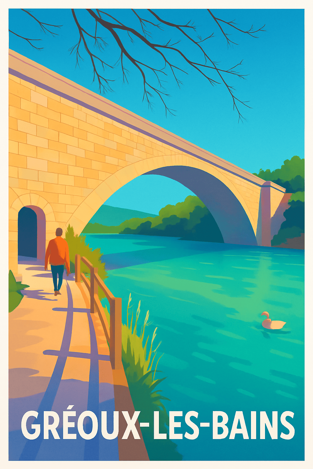 Affiche Gréoux-les-Bains — Escapade paisible au bord de l'eau · poster d'art de Gréoux-les-Bains