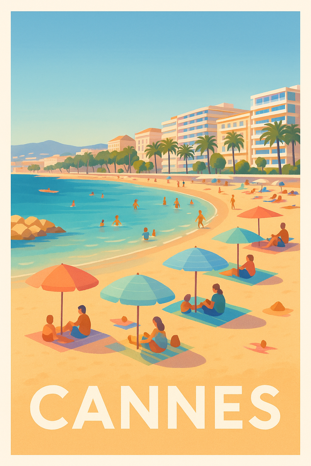 Affiche Cannes — Plages ensoleillées de la Côte d'Azur · poster d'art de Cannes