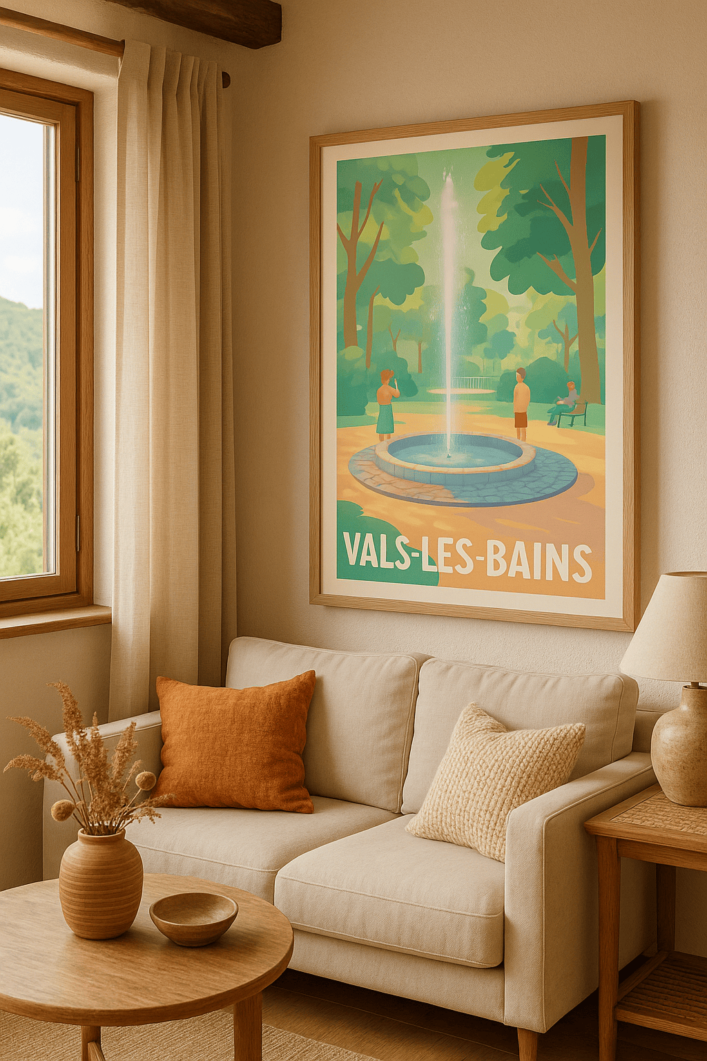 Affiche Vals-les-Bains — Évasion nature et détente au cœur de la fontaine · poster d'art de Vals-les-Bains