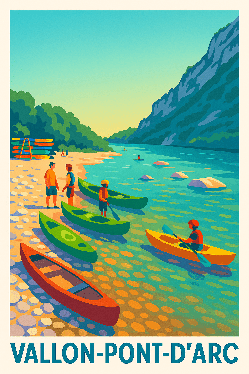 Affiche Vallon-Pont-d'Arc — Aventure en canoë au cœur de la nature · poster d'art de Vallon-Pont-d'Arc